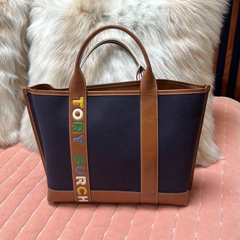 Tory Burch Navy Canvas and Tan Leather Tote with Multicolor Logo Strap - Picture 2 of 8